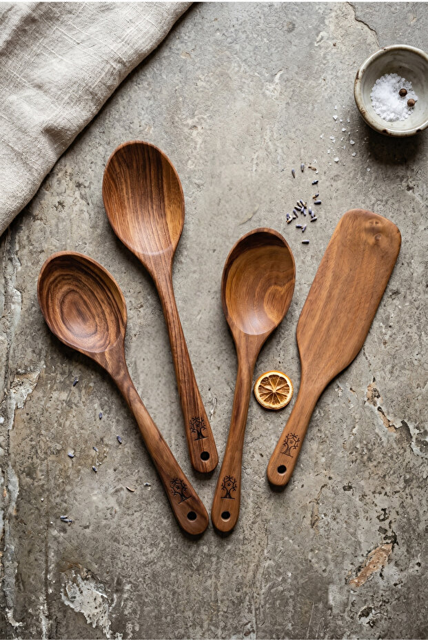 Handmade Antique Walnut Lux Waterproof 4-Piece Wooden Spoon, Spatula Spoon Set