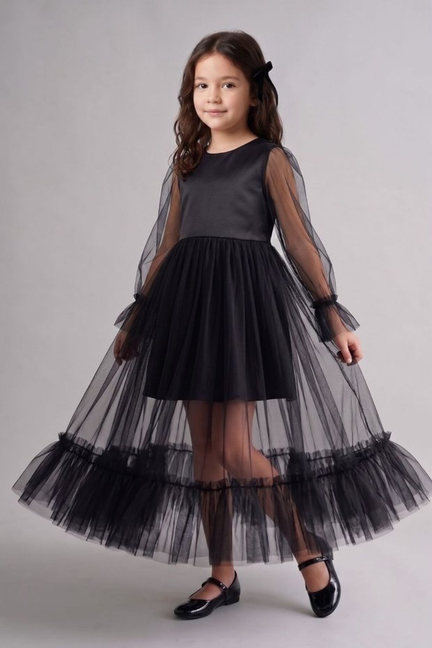 Black Glittery Long Tulle Skirted Dress for Girls - Harriet