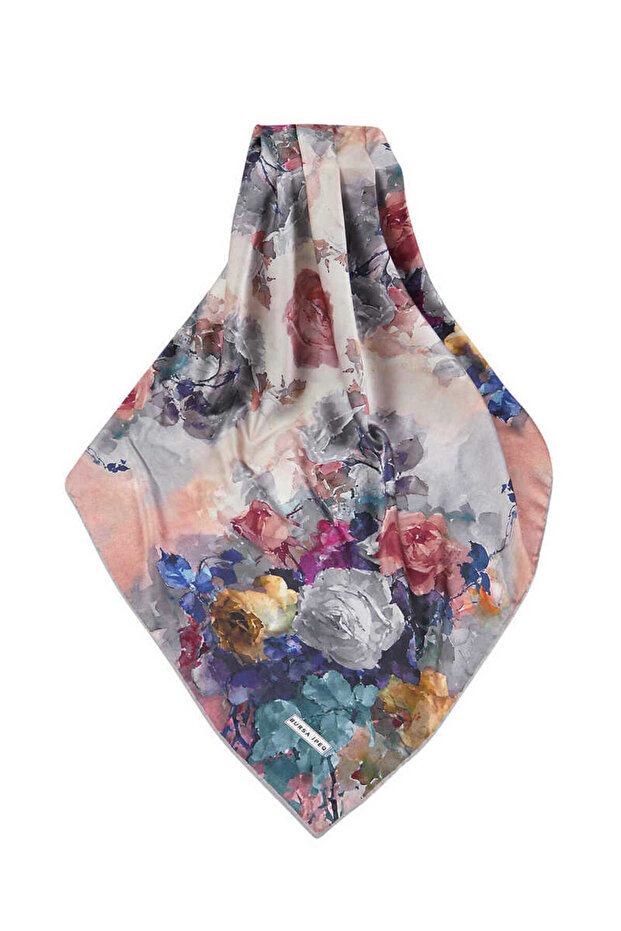 Salmon Flower Pattern Silky Scarf - 3