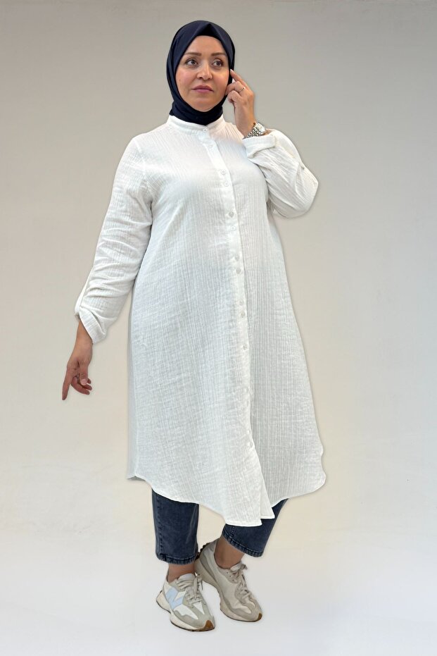58092 Large Size Double Button Detailed Muslin Shirt - Ecru