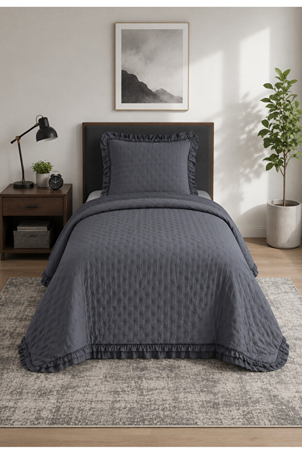 طقم غطاء سرير مفرد لارا مقاس 180x240 سم - مع وسائد مكشكشة 100% بوليستر عصري بلون أنثراسايت