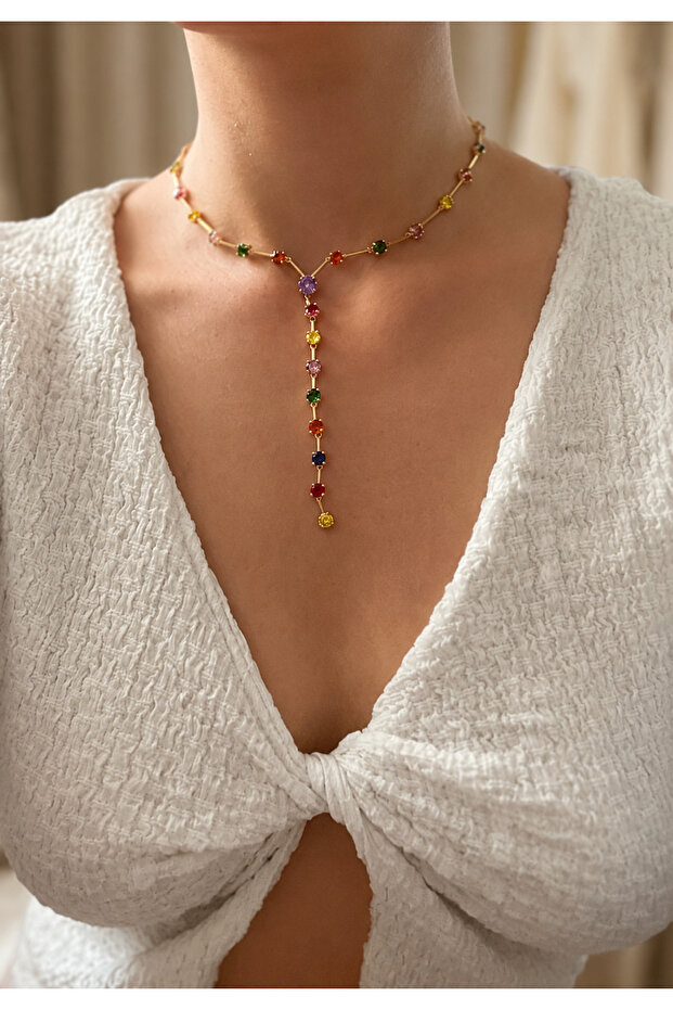 Colorful Stone Design Pinterest Y Necklace | Does Not Darken | Women's Necklace with Gift Box