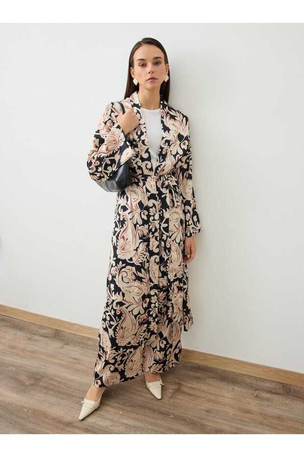 Shawl Patterned Belted Kimono Pants Set - Black - - 3