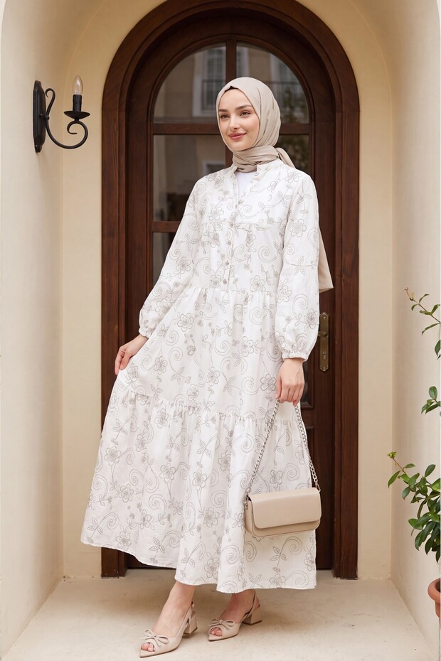 Elasticated Sleeve Half-Buttoned Jacquard Printed Panelled Dress - White