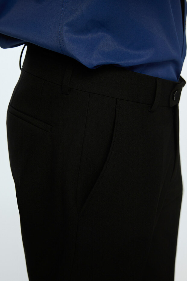 Men's Black Polyviscon Basic Plain Slim Fit Trousers - 4
