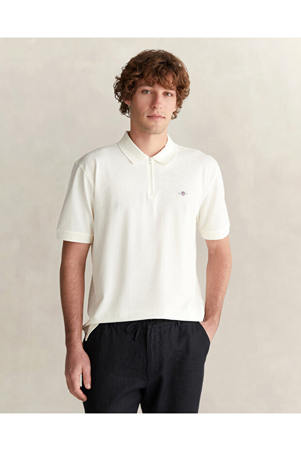 Men's White Regular Fit Half Zipper Logo Polo Collar T-Shirt
