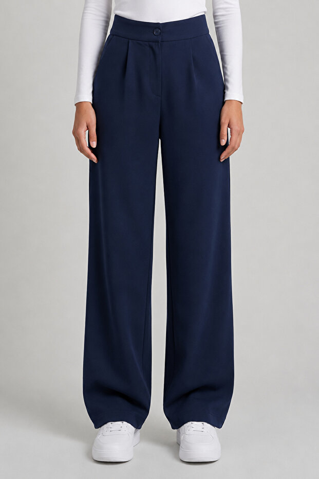 Navy Blue High Waist Pocketed Buttoned Lycra Women's Palazzo Trousers