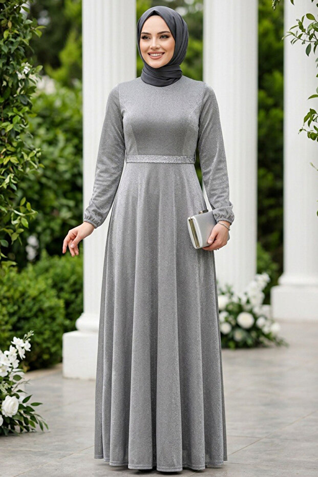 Silvery Gray Hijab Evening Dress 42541Gr