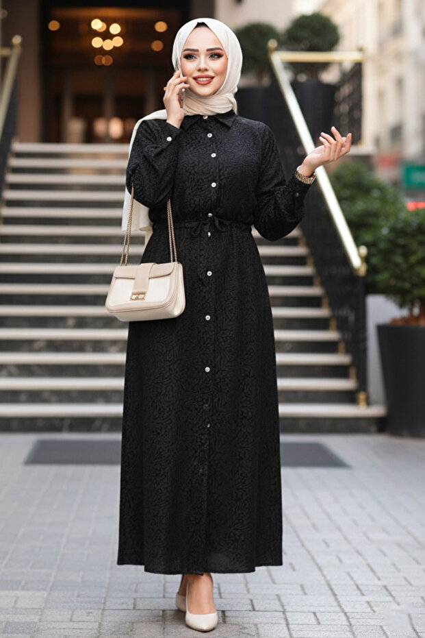 فستان حجاب أسود منقوش 92691S