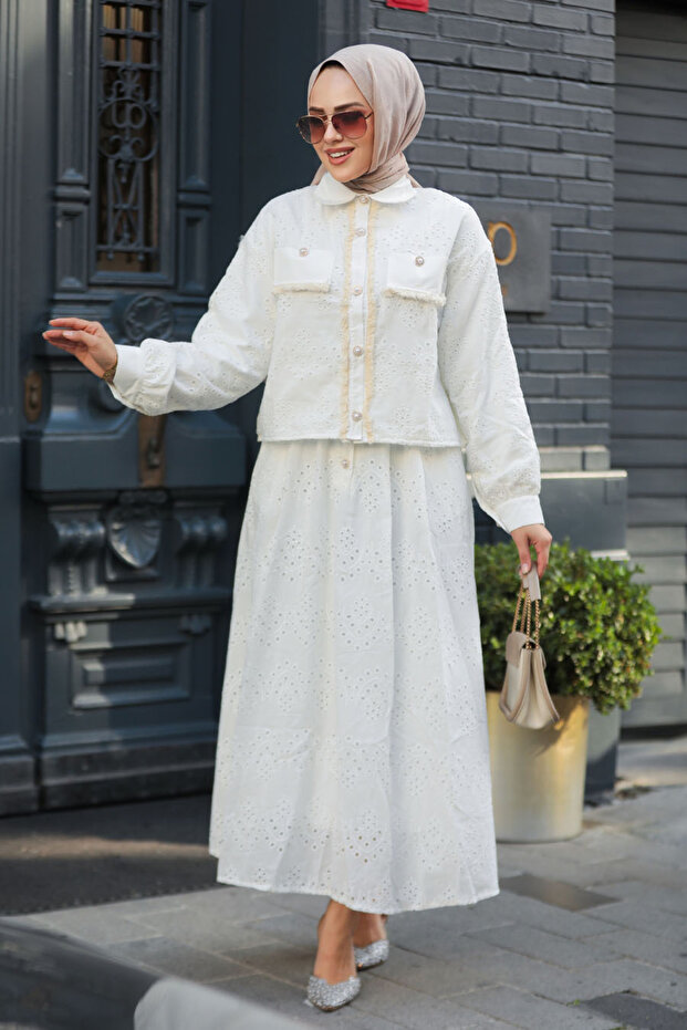 Double Suit with Laced White Hijab Skirt 14171B