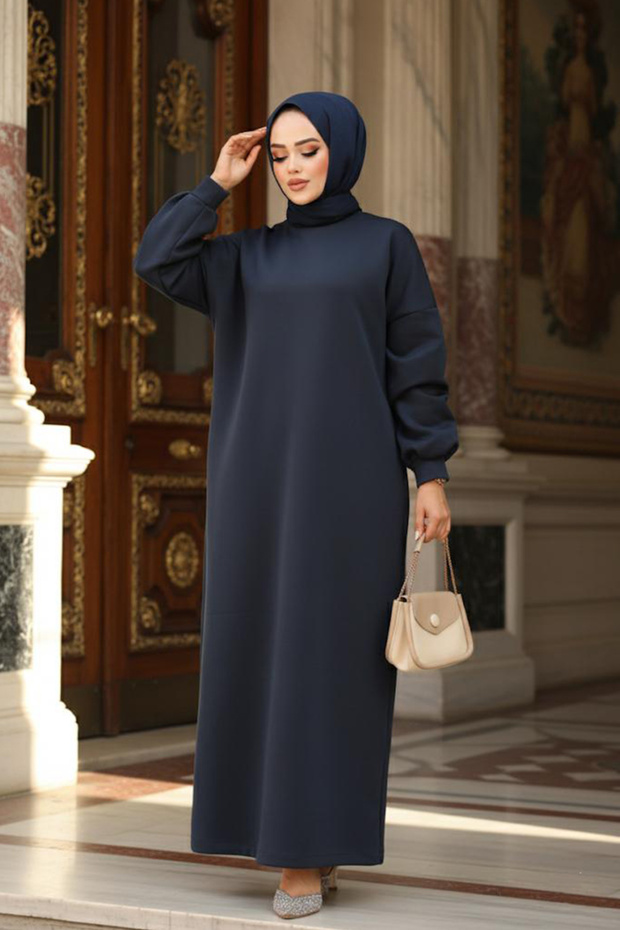 Navy Blue Sweat Hijab Dress 23641L