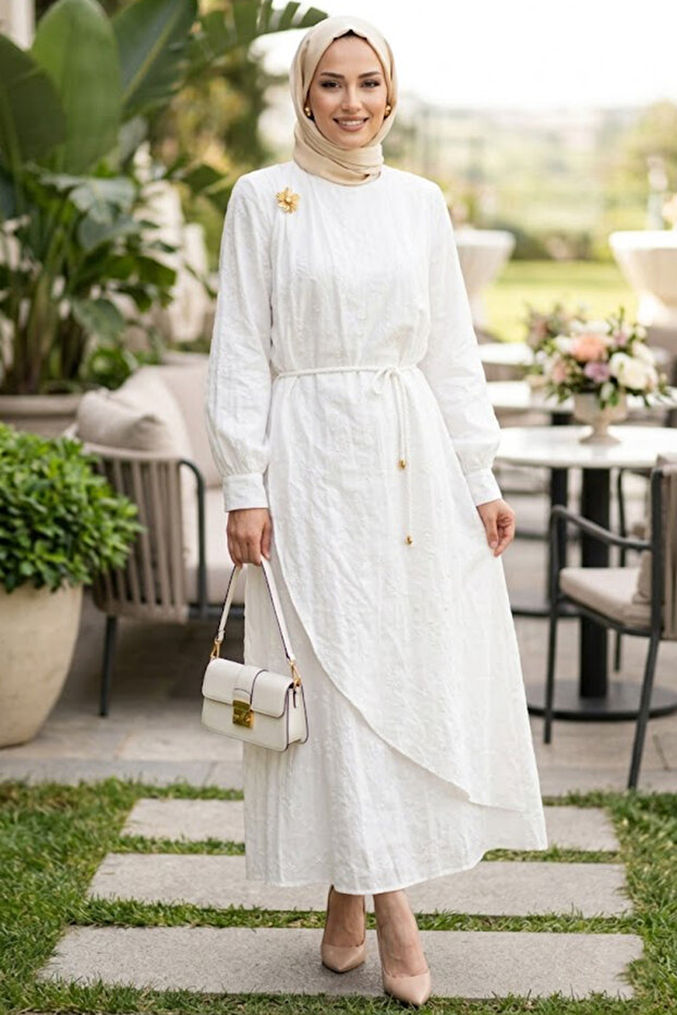White Hijab Dress with Rope Belt 20162B