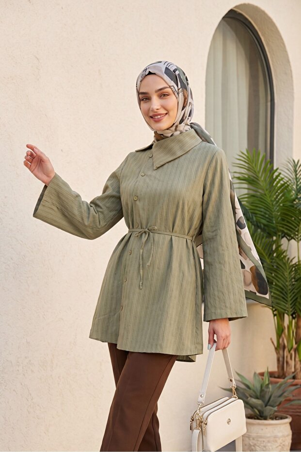 Side Collared, Buttoned, Striped, Lace-Up Crinkle Shirt -Khaki