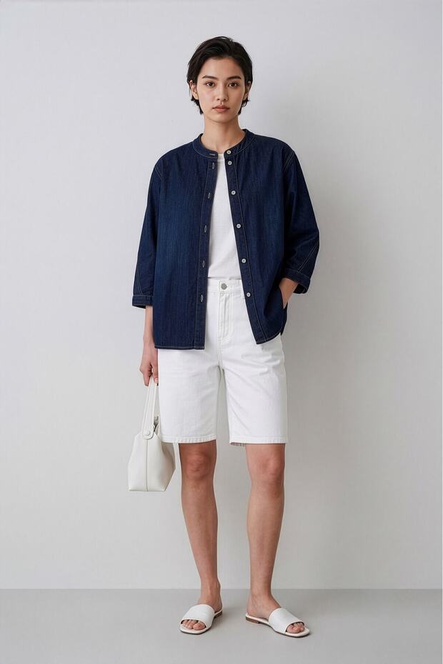 Women's Indigo Hakim Collar Loose Fit Denim Shirt