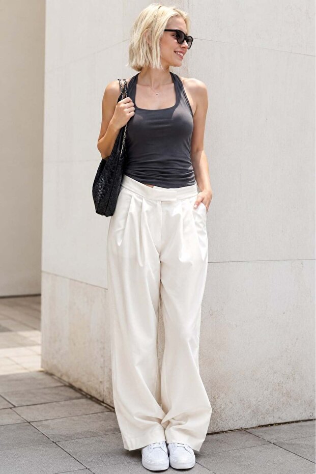 White High Waist Relaxed Fit Wide Leg Pants Mg2120