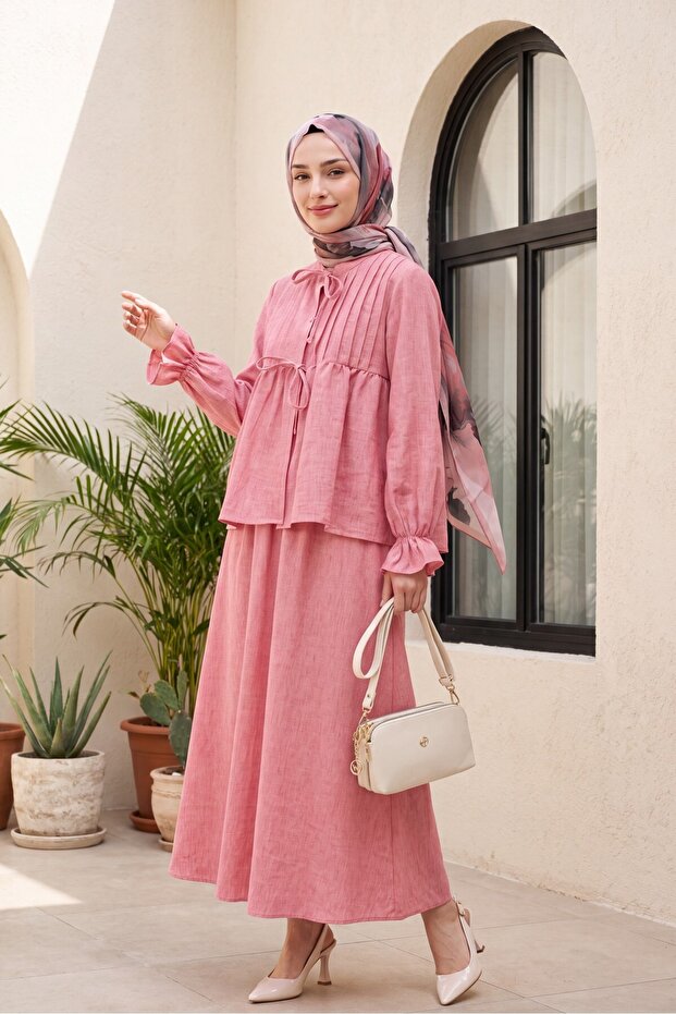 Linen Look Suit with Half Buttoned Sleeves, Elasticated Front, and Tie-Front Skirt - Pomegranate Flower