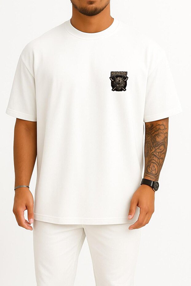 Oversized Berserker Cep and Sırt Printed Unisex T-Shirt