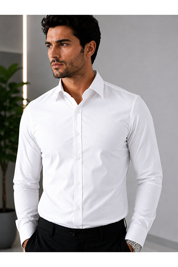 Slim Fit Flexible and Breathable Fabric Casual Classic Stylish Men's White Shirt