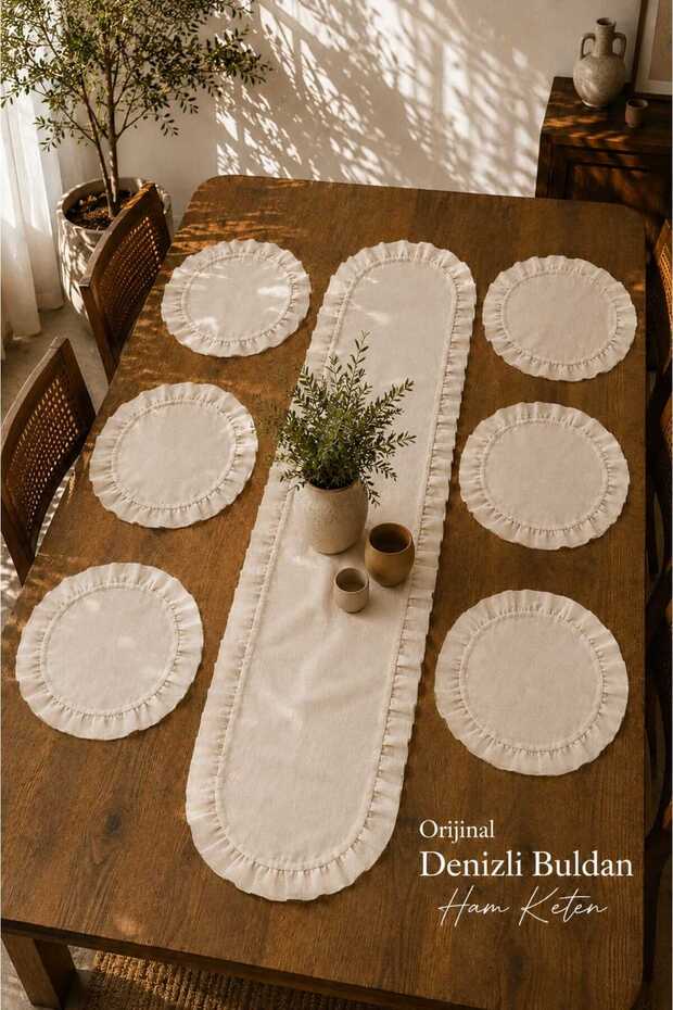 35X90 Ruffled Linen Runner & Set of 6 Ruffled Plaids Total 7 Pieces Dowry Set Three Different Sizes to Choose from