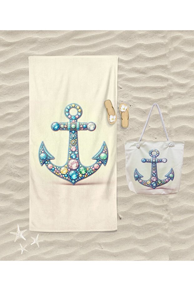 Anchor Beach Towel and Bag Set - Anchor Patterned, Digital Printed Bath Towel