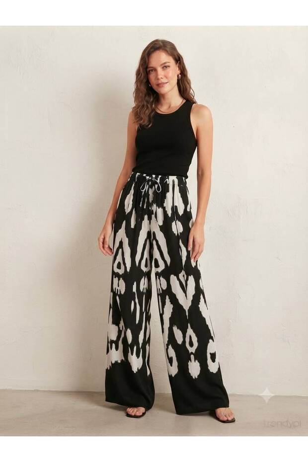 Women's Black and White Ethnic Patterned Summer Trousers - Plazzo Pants