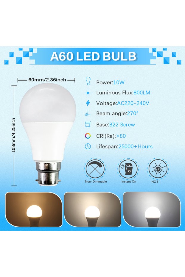 AC220-240V Natural light 4000K 10W 4PCS AC 220V 240V B22 LED Lamps 3W 8W 9W 12W 15W 18W 24W 80-100LM