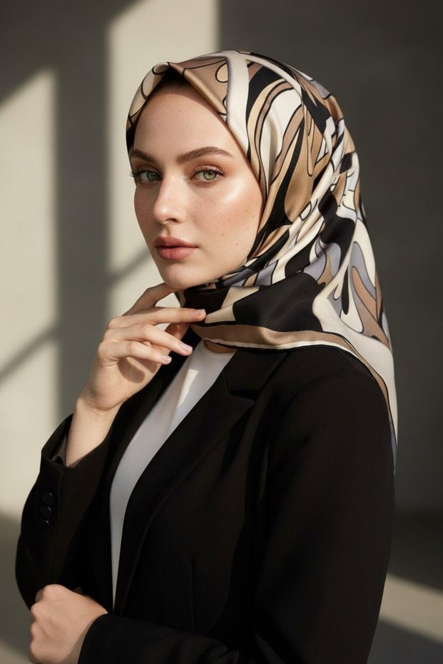 57% Silk 43% Viscos Twill Silk Geometric Patterned Beige - Gray Colored 90X90 Planting Shape: Hand Sewing Match