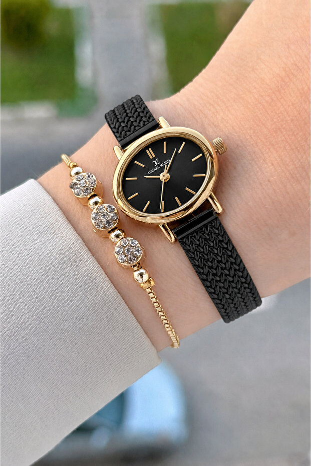 24 mm Women's Wristwatch with Gold Strap and Black Color, Gift Packaged