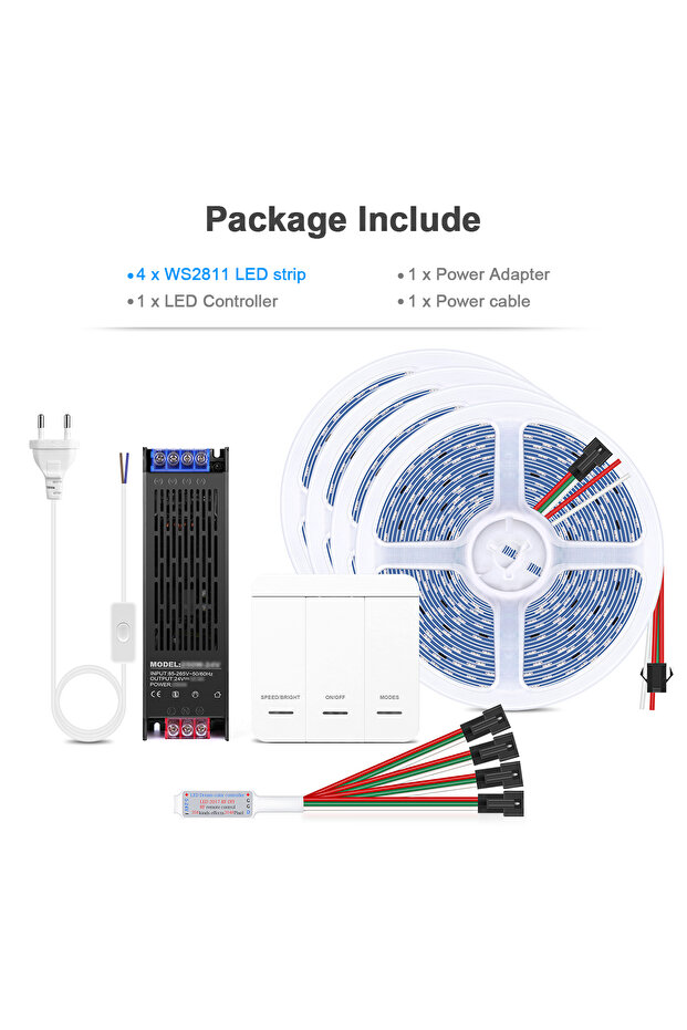 شريط إضاءة LED أبيض طبيعي 4 قطع، مزود بقابس طاقة أوروبي بطول 5 أمتار، قابل للتحكم الذكي، بوحدة بكسل WS2811، متوفر بطول 5 أمتار و10 أمتار
