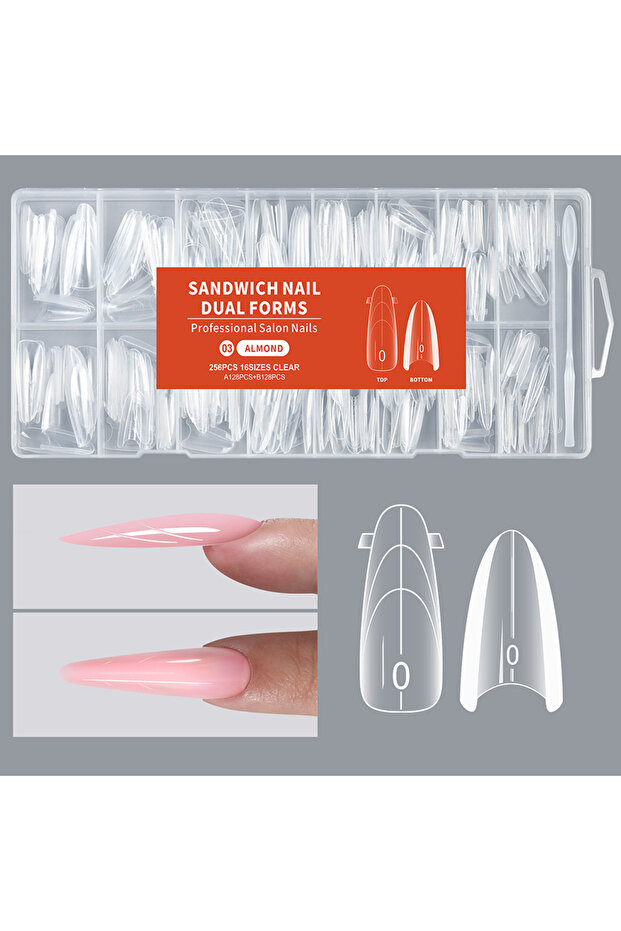 03 256Pcs Reusable Gel Nail Extension Forms Coffin & Almond Dual Shapes 16 Sizes Sandwich Top & Bott