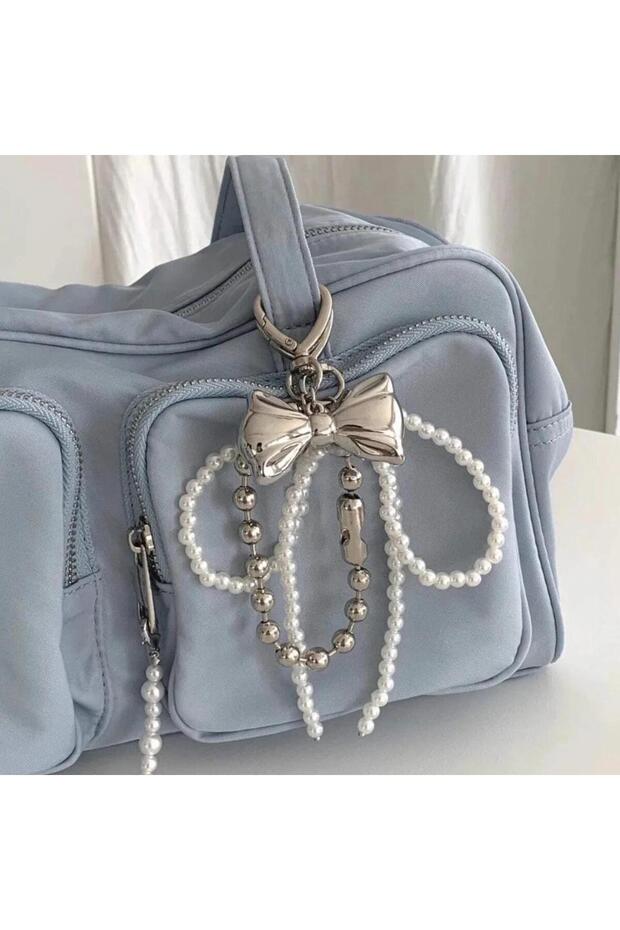 Pearl Cute Beaded Pearl Bowknot Keychain for Women Girls Metal Bow Pendant Bag Decoration Accessorie