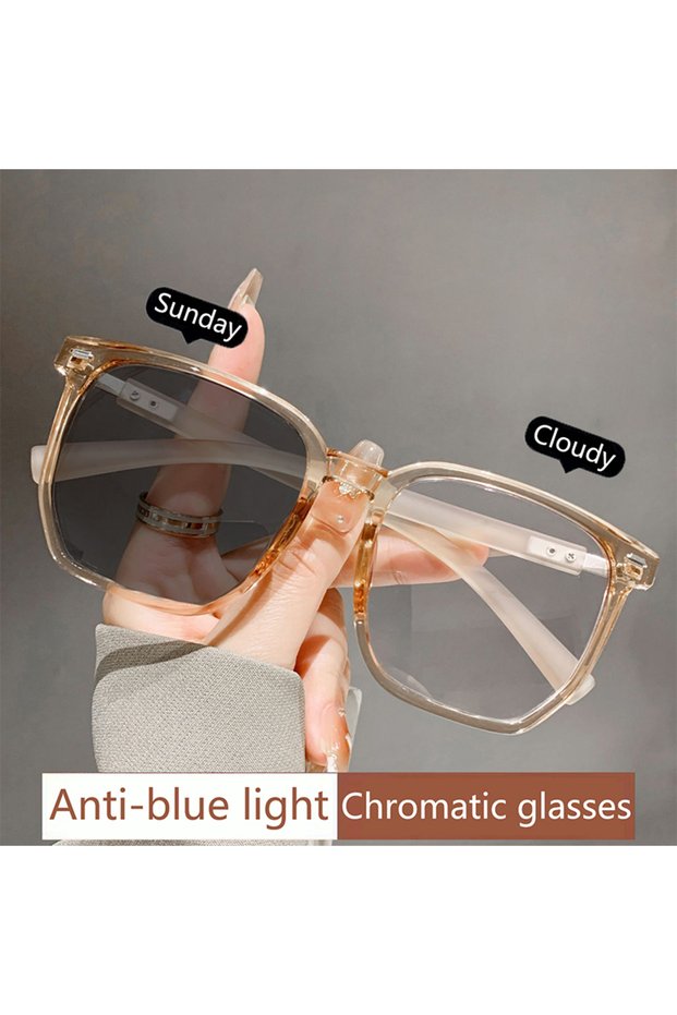 -100 Champagne Photosensitive Color-changing Anti-blue-light Polygonal Large-frame Near-sighted Glas