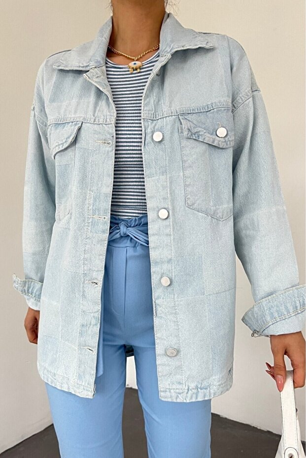 Long Patterned Buttoned Denim Jacket on the Back