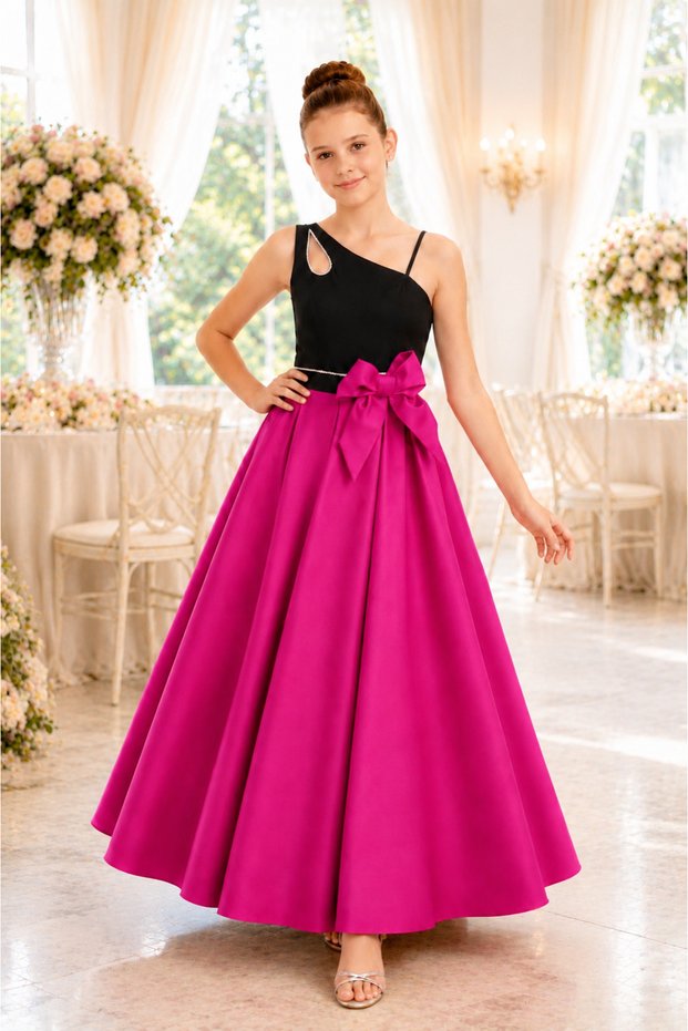 Girl's Fuchsia/Black Design Long Evening Dress