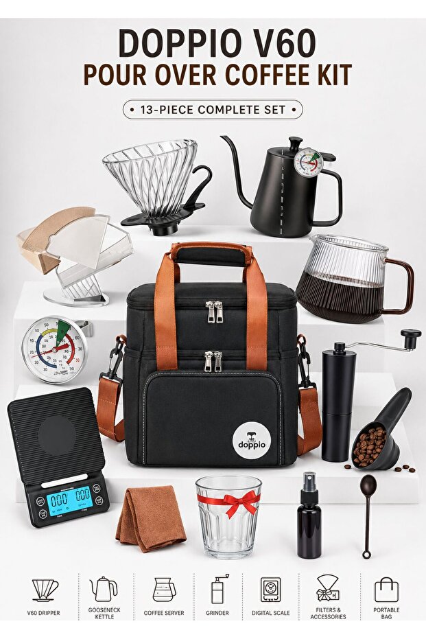 طقم تحضير القهوة V60 الفاخر - مجموعة كاملة من 13 قطعة لتحضير القهوة