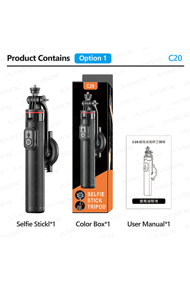 Option 1 AXNEN C20 Magnetic Selfie Stick Tripod Extendable for Cellphone Shooting with Remote 1/4" T