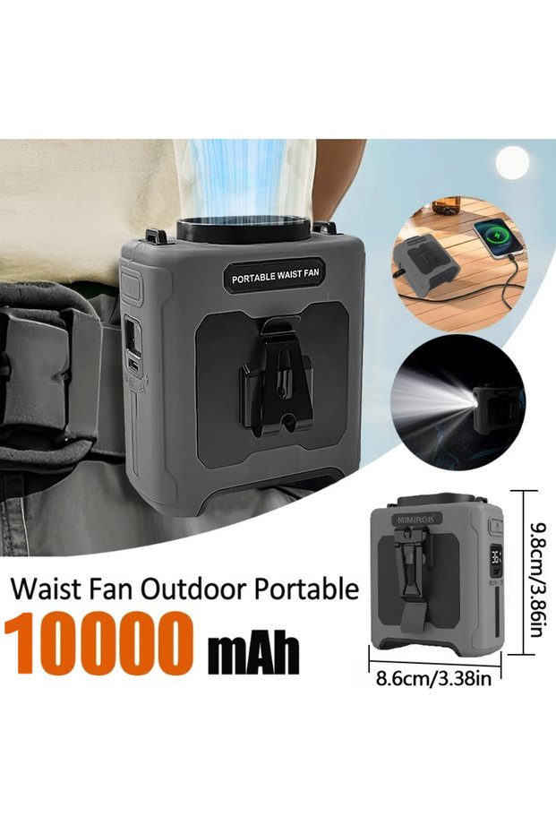 Grey Portable Waist Fan 10000mAh with Power Bank LED Lighting Hanging Neck Fan 5 Speed Strong Airflo