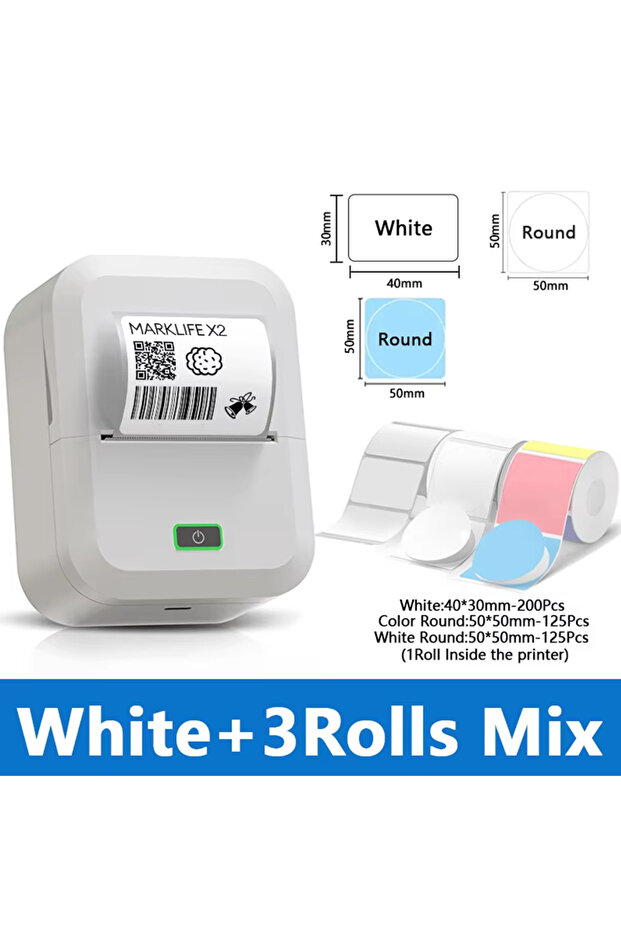 White 3Rolls Mix Marklif X2 Portable Thermal Printer Mini Pocket Printer Self-Adhesive Sticker Label
