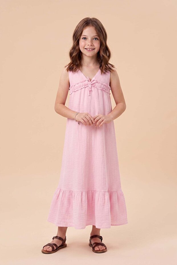 Muslin Fabric Girl's Dress with Tie Front and Straps