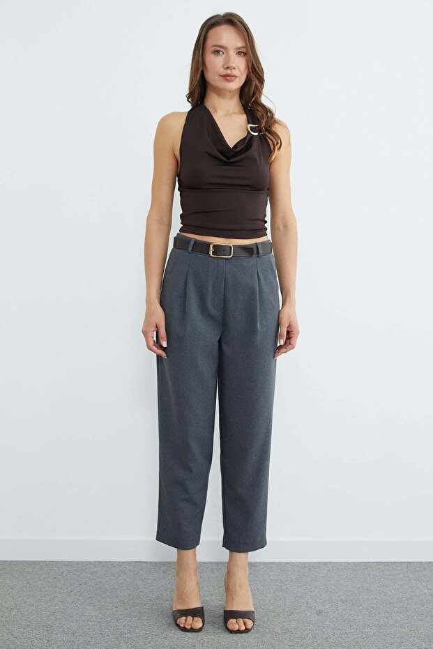 Belt Detail Pleated Pocketed Trousers
