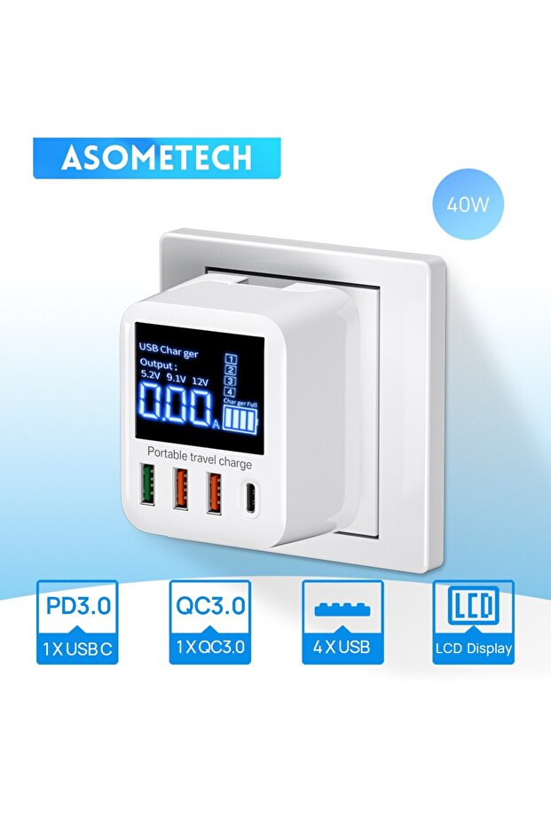 شاحن حائط USB ASOMETECH 40 وات 4 منافذ مع شاشة LED، شاحن سريع QC3.0 PD3.0 USB لهاتف iPhone 14