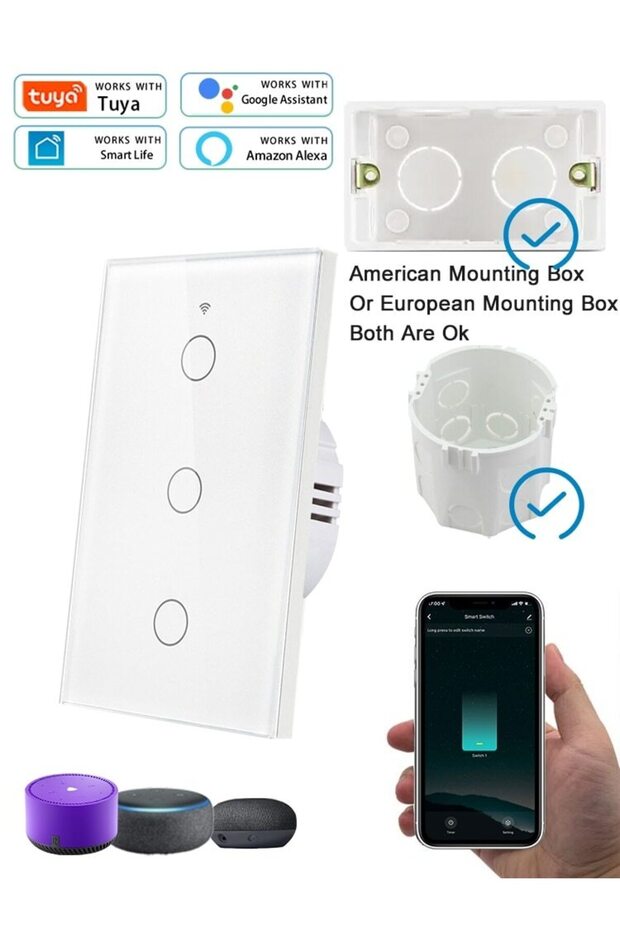 مفتاح إضاءة ذكي ثلاثي العصابات أبيض من Tuya مزود بخاصية WiFi ومعيار أمريكي يعمل مع Alexa وGoogle Home ومفتاح حائط يعمل باللمس