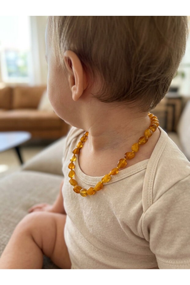 Damla Amber Baby Teeth Necklace, Honey Color, Baltic Lithuania, Certified, Gift Necklace for Babies
