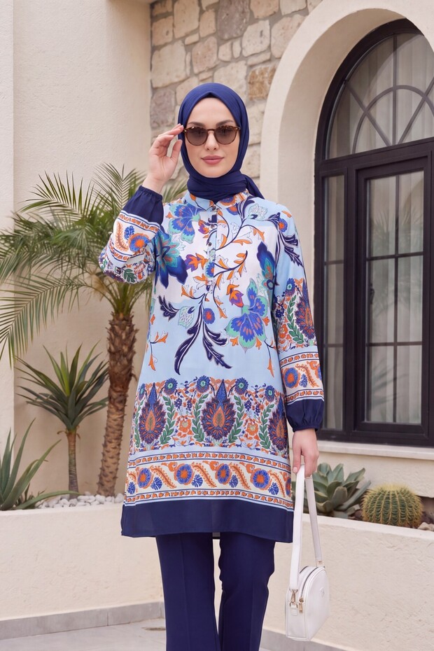 Floral Patterned Half-Button Cotton Viscose Tunic -Laci