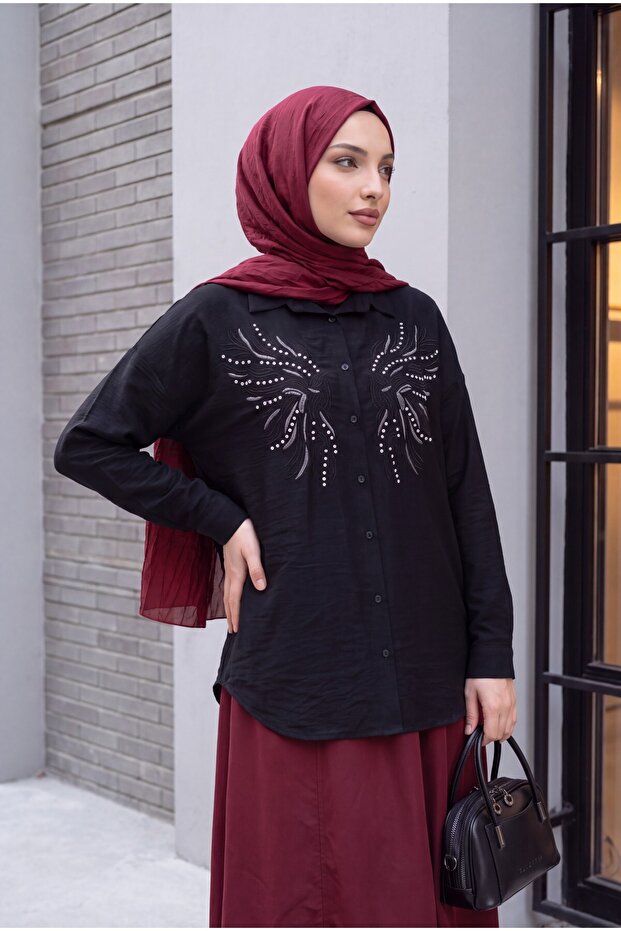 Stone and Embroidered Linen Shirt - Black