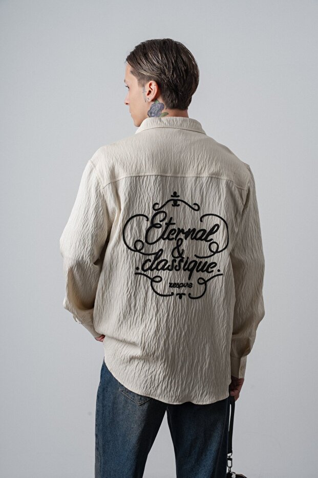Men's Eternal Embroidered Long Sleeve Linen Oversized Shirt Beige