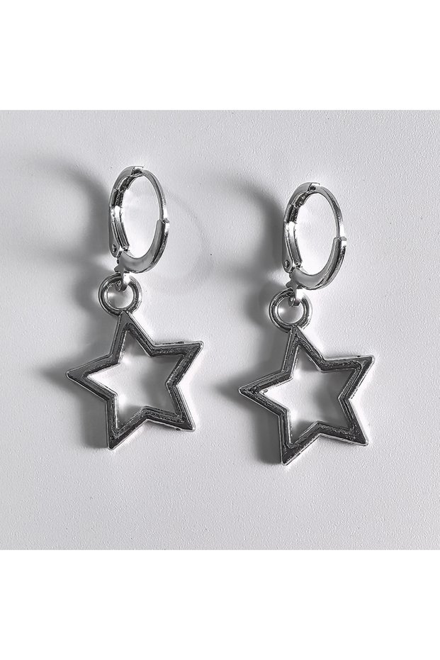 Silvery Y2K Trendy and Cool Metal Hollow-Out Star Earrings, Suitable for Parties and Daily Wear, Per