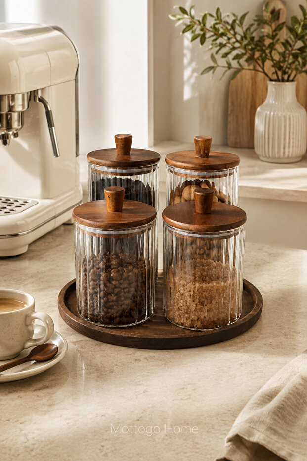 Coffee Corner Jar Set Acacia Lid Glass Jars 4-Piece with Wooden Tray 600 ml 860 ml