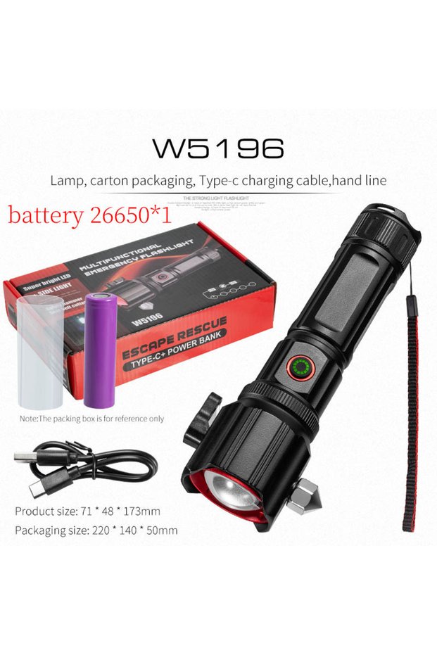 W5196 26650x1 High Power Zoom LED Flashlight with USB Charging COB Safety Hammer Multi-functional Wa