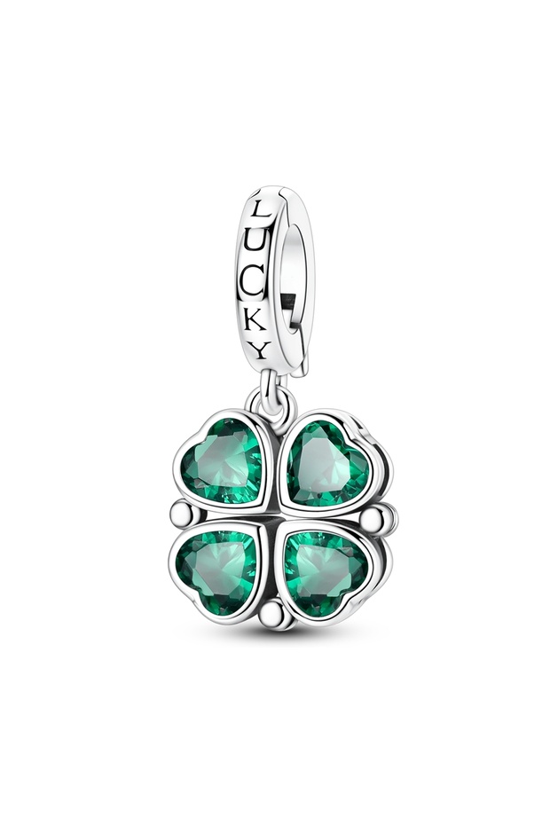 KTC2045 925 Sterling Silver Lucky Clover Charm Green Heart Sparkling CZ Dangle Beads Fit Bracelets N
